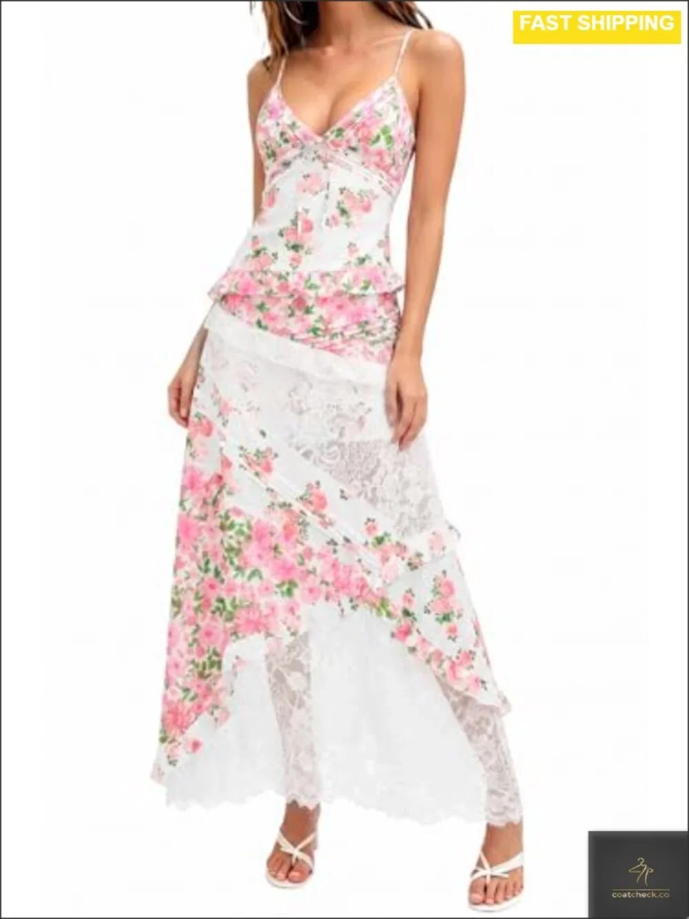 Women's Floral Lace Maxi Dress Spaghetti Straps Backless Ruffle Boho Summer